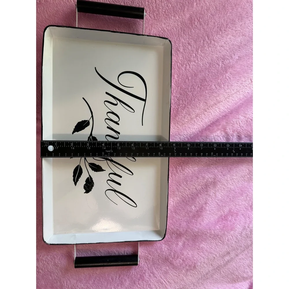 Thankful Decorative Metal Tray White Enamel Style Black Handles Farmhouse Decor